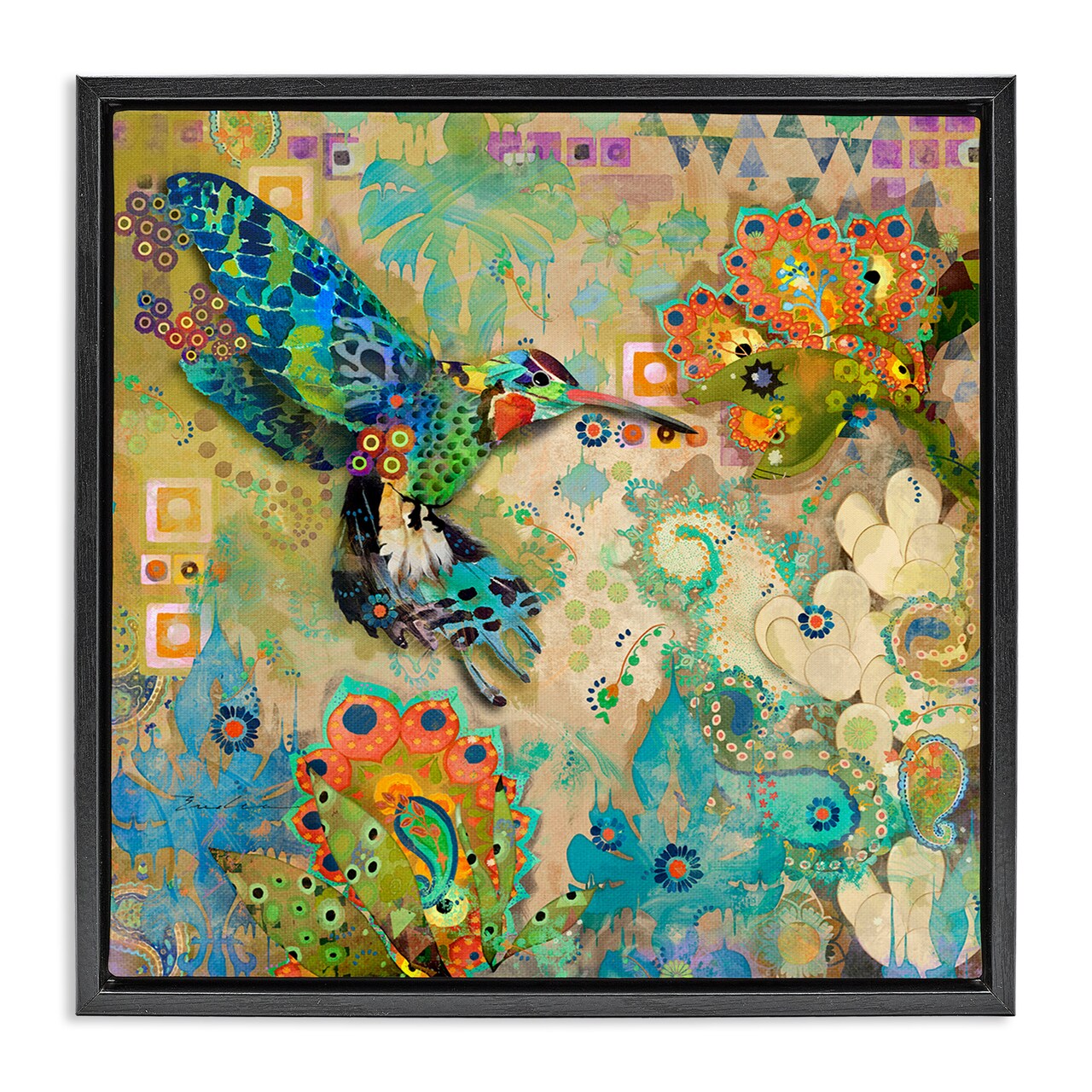 Stupell Industries Boho Hummingbird Pattern Framed Floater Canvas Wall Art